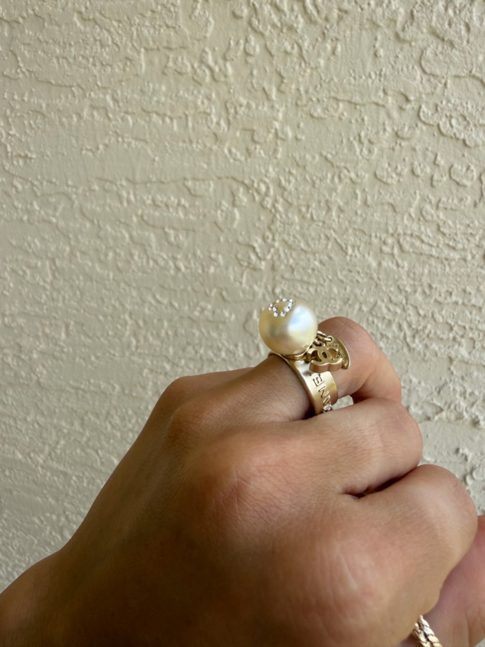 Chanel Rhinestone Costume Pearl Ring Gold
